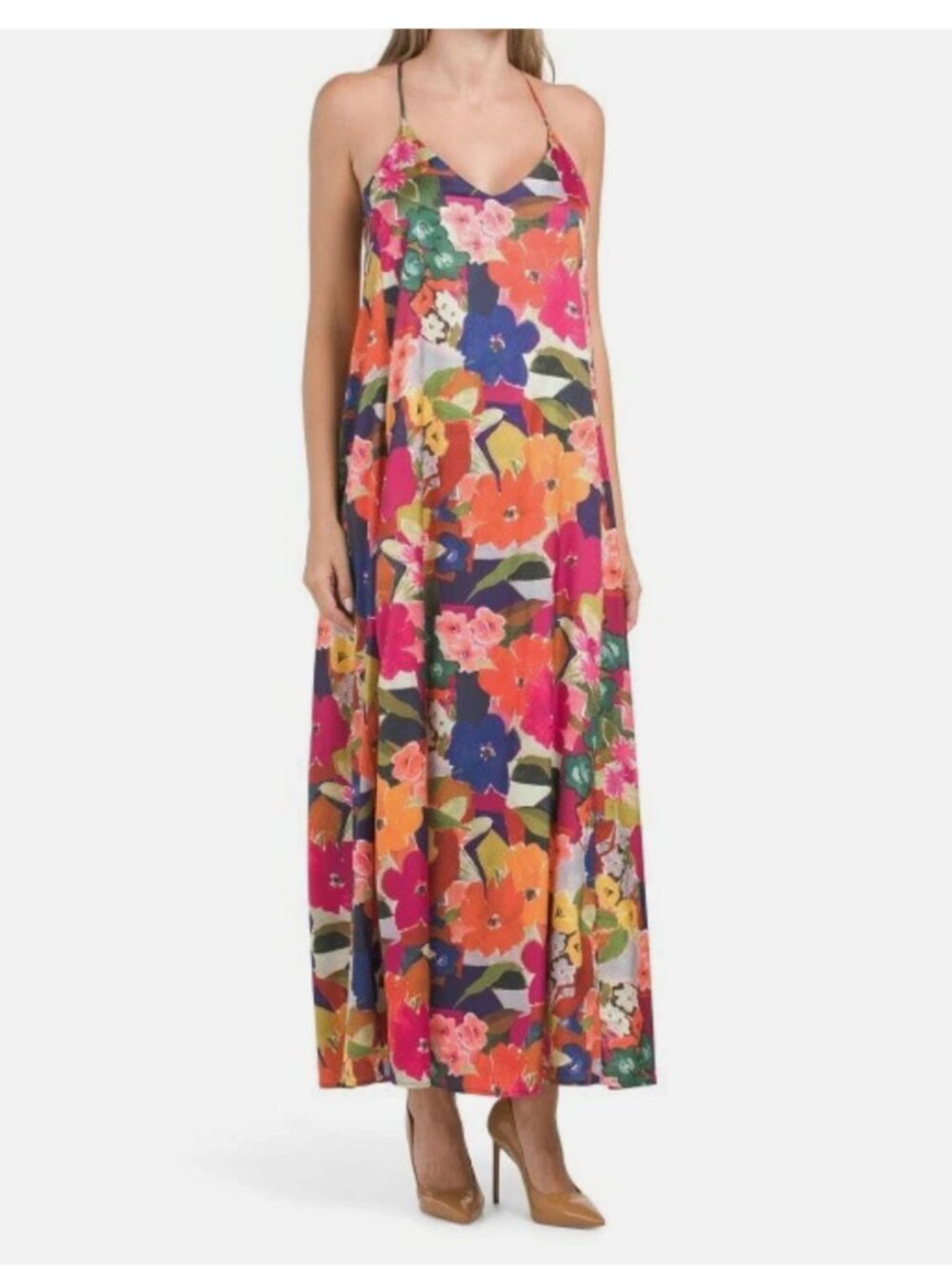 NEW! Nicole Miller Abstract Floral Print Slip on Satin Maxi Dress Women's Size L